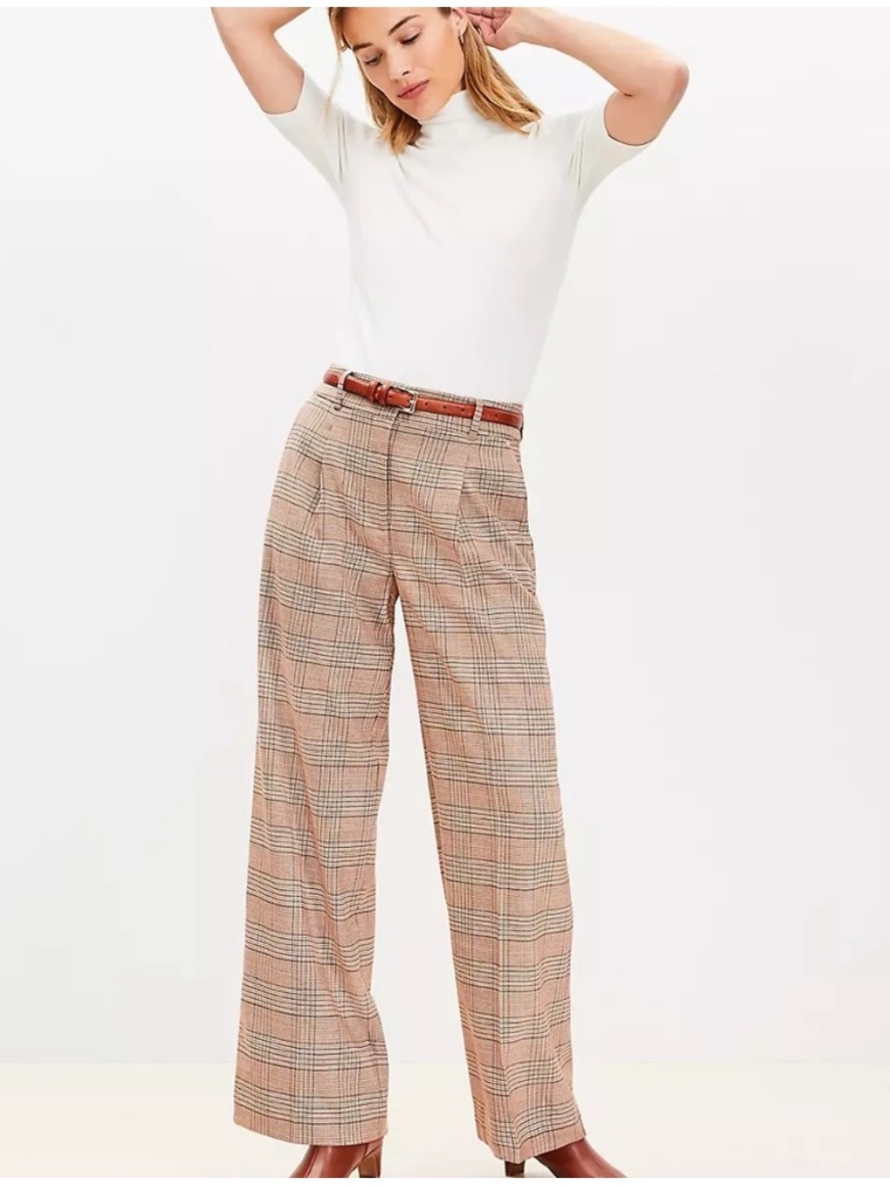 LOFT Peyton Trouser 14 Plaid Tan Wideleg
